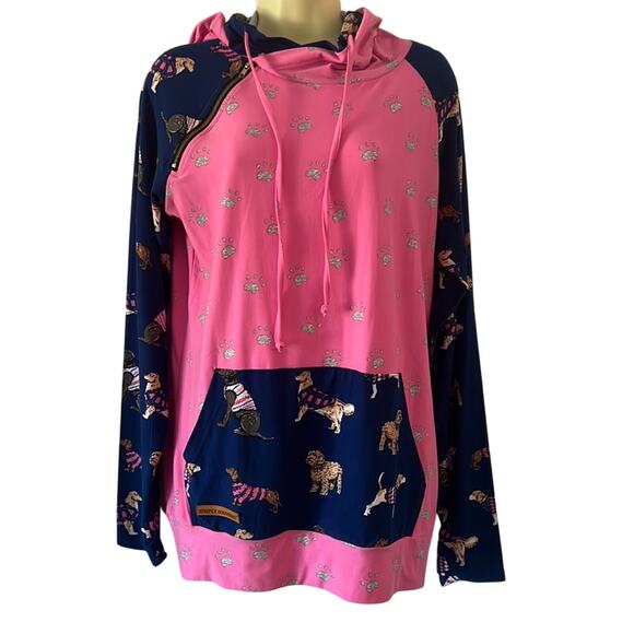 Simply Southern  Dog Print Double Hooded Pullover Top Pink  Woman Size Medium - Picture 1 of 12